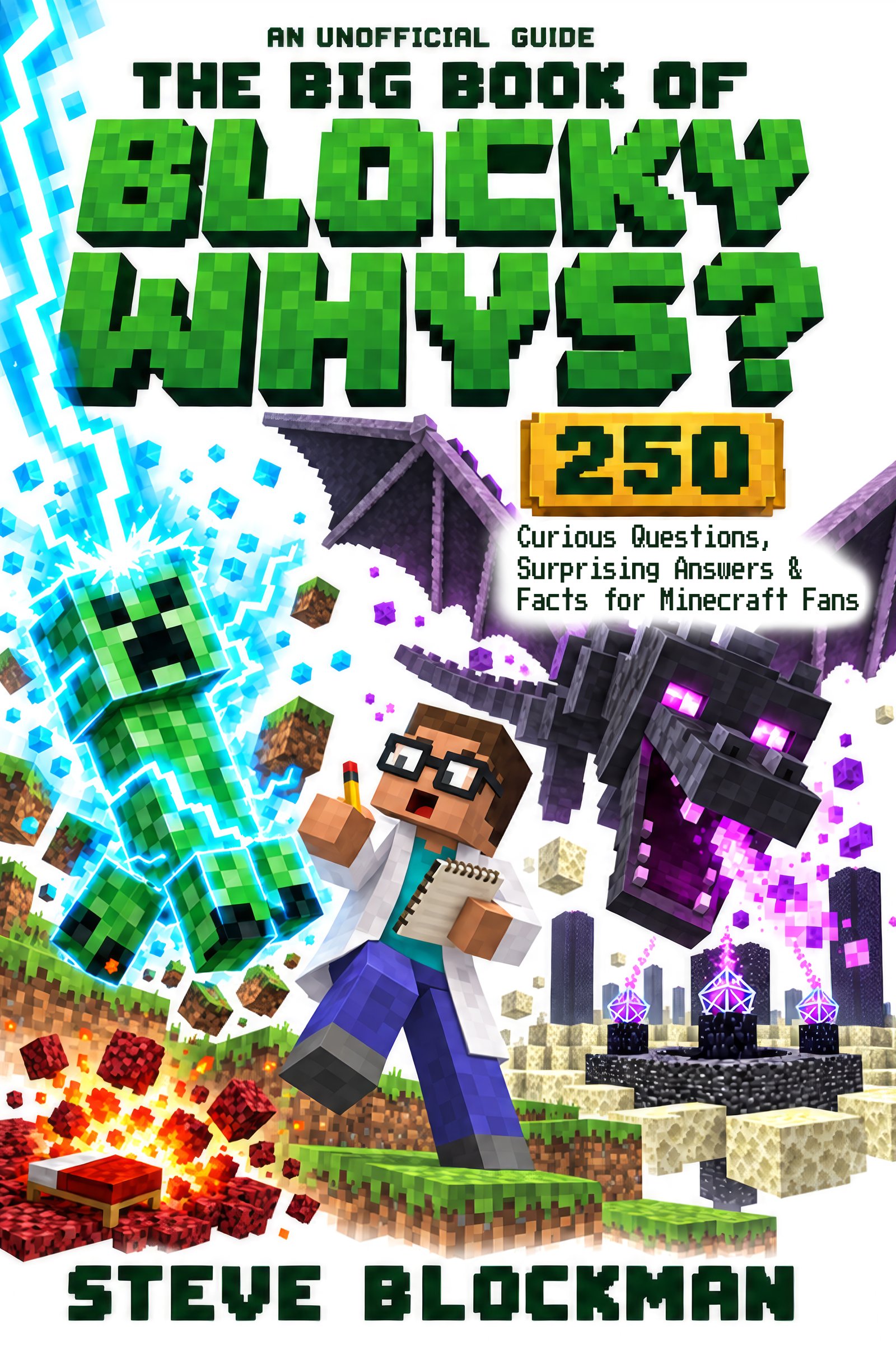 The Big Book of Blocky Whys? by Steve Blockman. Cover featuring a charged creeper, an Ender Dragon and a curious blocky explorer.