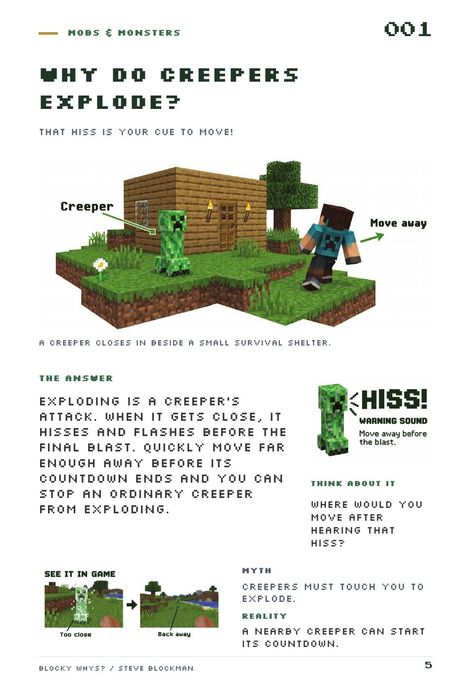 An illustration from the book: a creeper approaches a shelter while the player moves away.