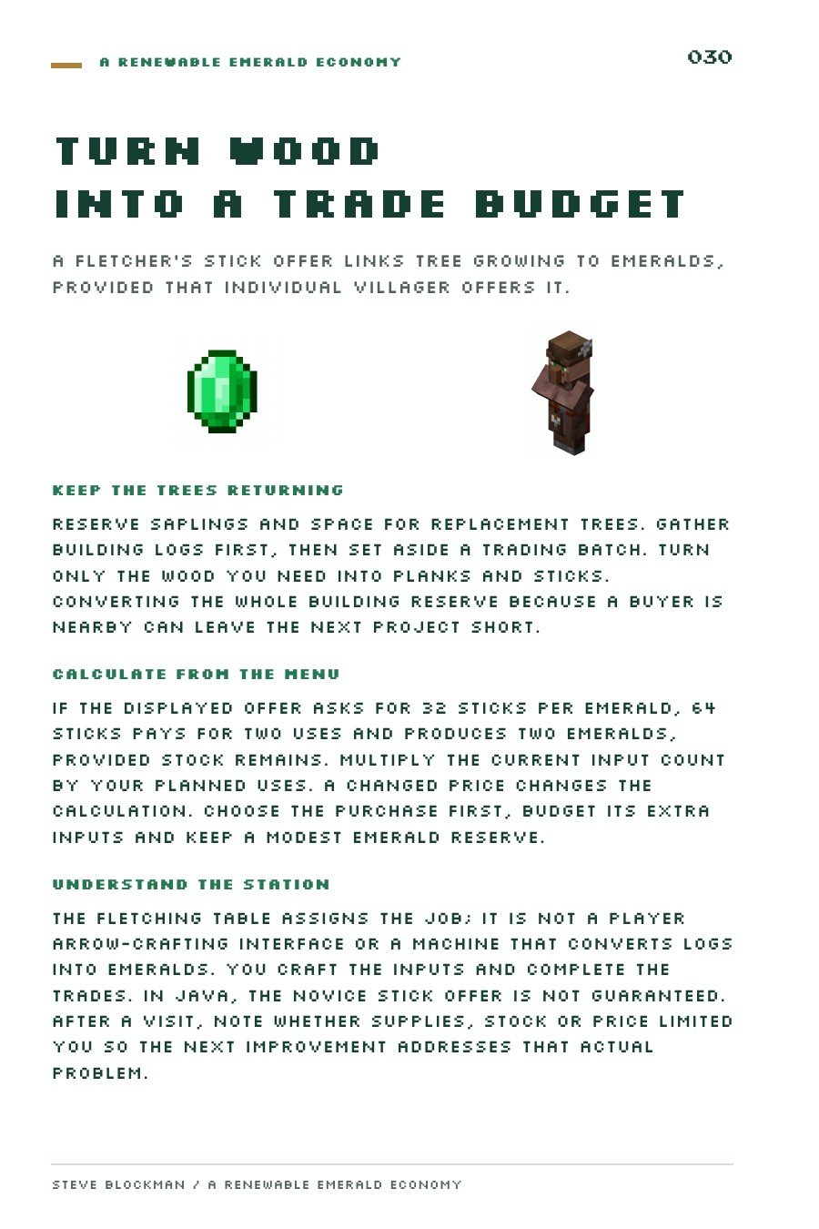 Actual starter-pack page: Turn Wood Into a Trade Budget, introducing renewable resources and emerald trades
