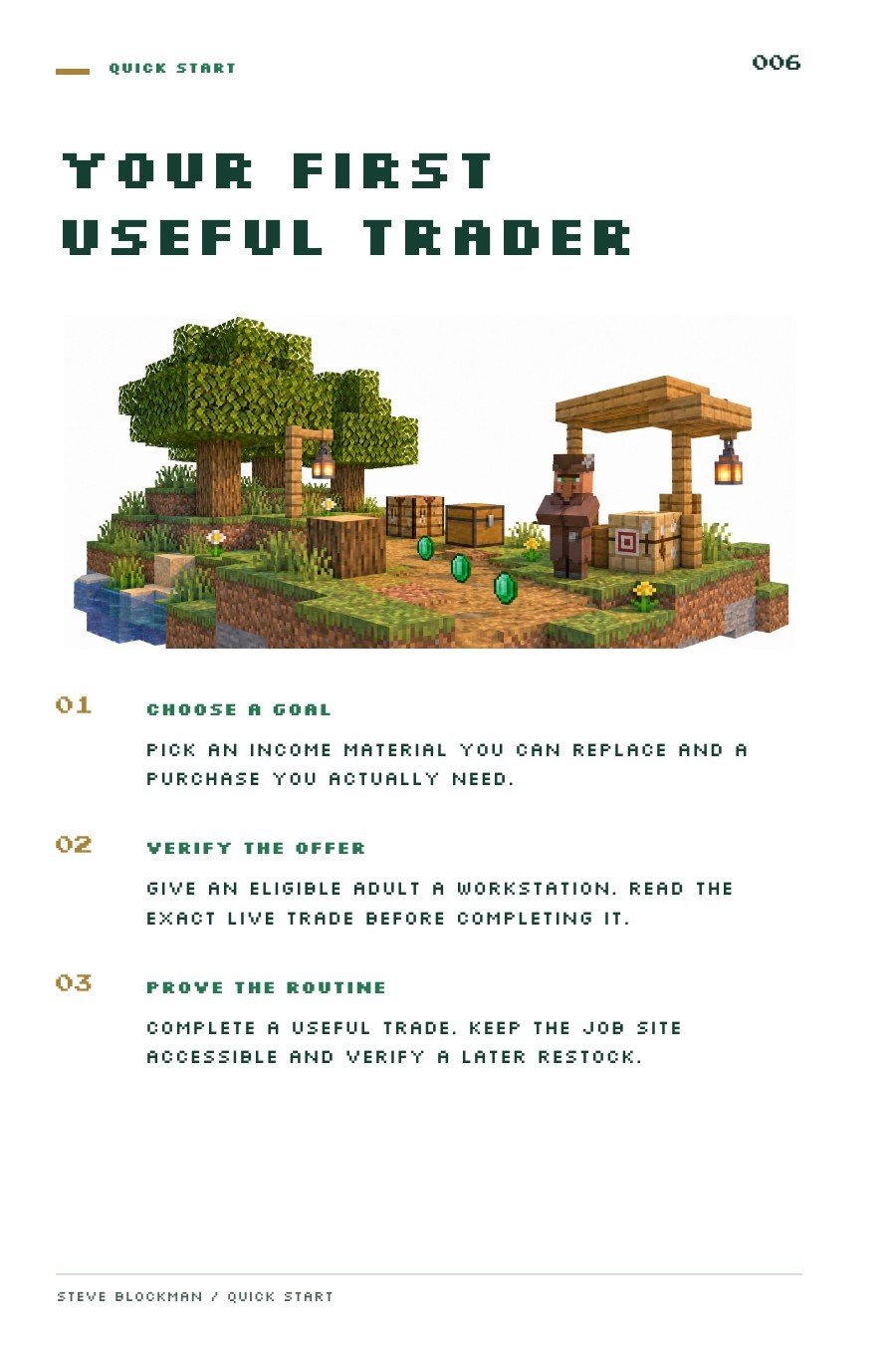 Actual starter-pack page: Your First Useful Trader, introducing a three-step trading routine